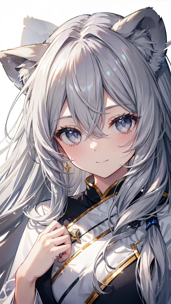 Very long hair、Gray Hair、Detailed sparkly eyes、Grey Eyes,Lion ears,Lion&#39;tail,smile、Embarrassing、Shine、reflected light、Film Grain、masterpiece、Textured skin、スーパーディtail、Attention to detail、high quality、最high quality、High resolution、16K、Shine、church,Veil,Wedding dress、Race,Frills,Hydrangea,Stained glass
