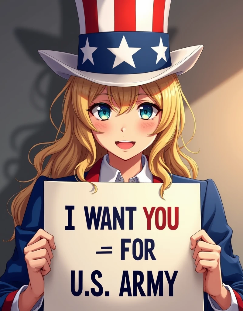 Young beautiful woman,(Highest quality,Extremely detailed depiction,Incredibly absurd high resolution,Anatomically accurate depiction),A woman dressed as Uncle Sam is holding a poster with a message written on it,article:I Want You for U.S. Army,Blonde,American Poster,anime,