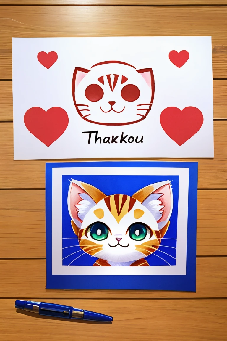 Poster、Japanese、((A big thank you is written on it))、cute kitten drawing、Copic、Mechanical thank you logo