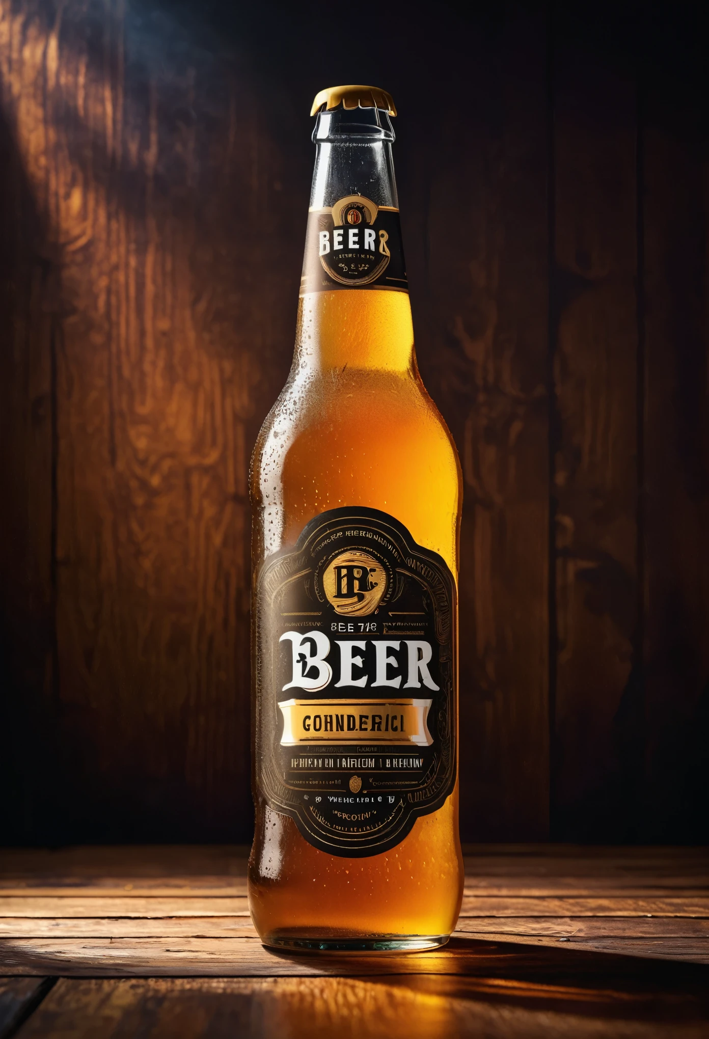 a detailed typography poster, beer, photorealistic, cinematic lighting, vibrant colors, high contrast, dramatic shadows, minimalist design, bold font, textured background, golden accents, glass bottles, frothy head, amber liquid, condensation, wooden surface, reflections, premium quality, professional studio