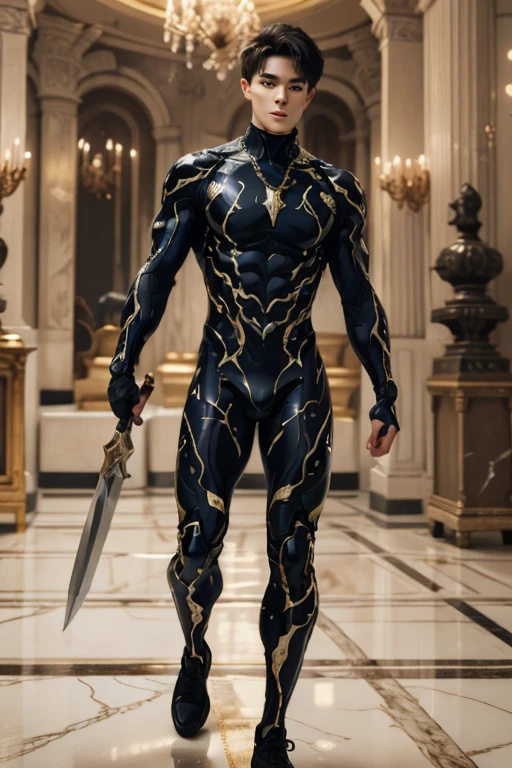 absurdres, intricate details, masterpiece, best quality, high resolution, 8k, 
(1boy:1.3), (marb1e4rmor, marble bodysuit, weapon:1.2), 
looking at viewer, smirk, Manhuanan,
(muscular, large pectorals, abs), shiny white skin, 
detailed face, red eyes, black hair, eye reflection, blue necklace, 
indoors, (full body:0.8), 
detailed background, cinematic lighting
 