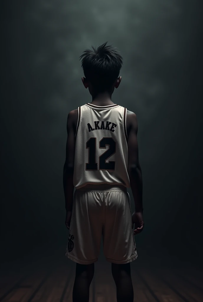 Photo dark d'un enfant basketeur noir de 11 ans dos au caméra numéro 12 et "A.KAKE "écrit sur son maillot et cheveux courts de couleur noire dégradé et pas musclé, assez mince mais pas très mince