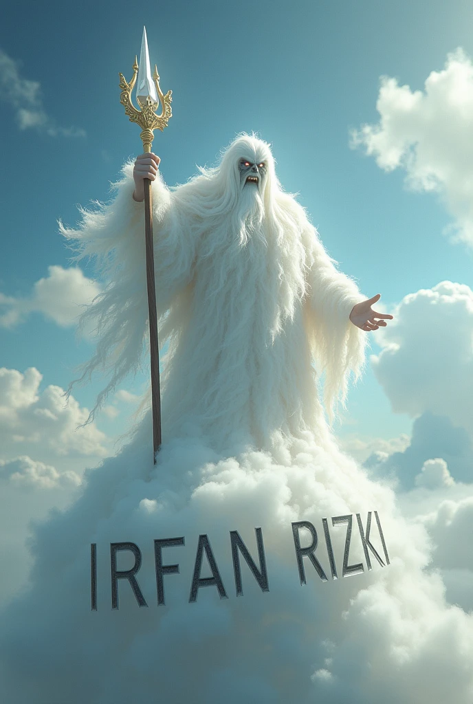 The white, scary Hanoman Khodam is above the cloud holding a stick and on the cloud is the name IRFAN RIZKI. HD QUALITY