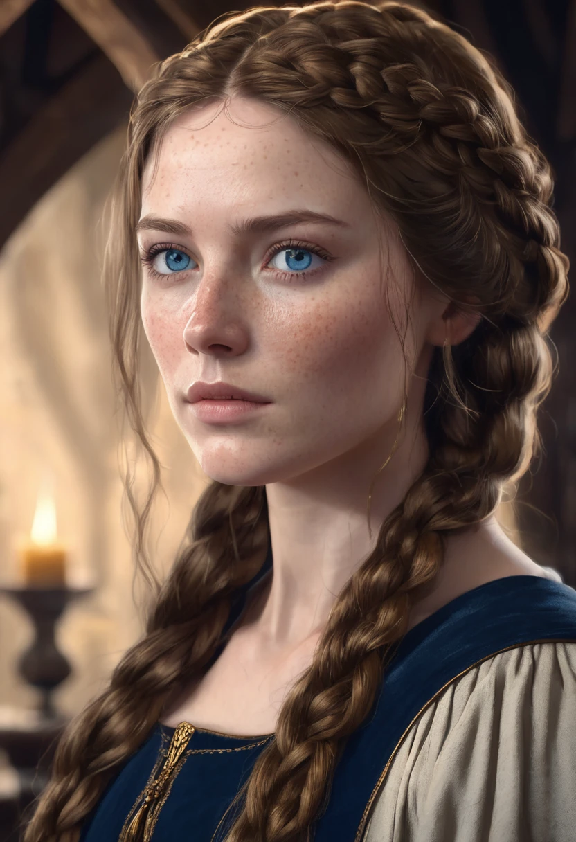 1 woman, inside a medieval room, wearing a dark blue outfit, detailed facial features, feminine gray-blue eyes, detailed fair skin, freckles on her face, golden brown hair in a long braid, dramatic lighting, cinematic composition, somber palette, dark colors, atmospheric haze, thin chin, soft face, serious face, beautiful woman, adult woman, ultra realistic, profile picture, adult woman (best quality, 4K, 8K, high resolution, art: 1.2), ultra detailed (realistic, photorealistic, photorealistic: 1.37)