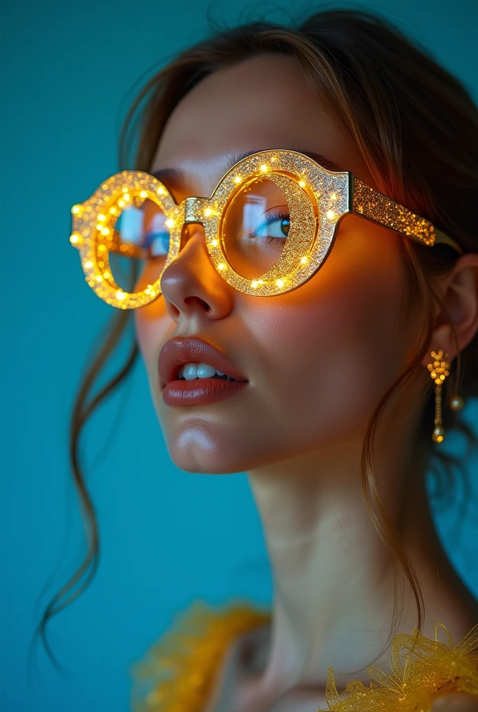 model wearing vitreous sunglasses with star and moon in the glass, in the style of dark sky-blue and light yellow, minimalist pen lines, fairy kei, use of precious materials, vibrant and lively hues, captivating, glitter , cleavage, thigh, short skirt, sexy