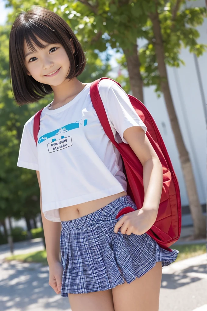 (8k),(masterpiece),(Japanese),(8-year-old girl),((Innocent look)),((Childish)),from the front,smile,cute,Innocent,Kind eyes,Plain T-shirt,Short sleeve,Blue checked short skirt,(Carrying a red backpack),Straight hair,Hair blowing in the wind,Black Hair,Somewhat strong wind,noon,Bright White panties, White panties, White panties, Take a full-body photo, Spread your legs