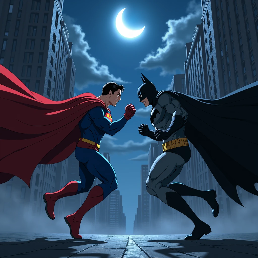 Anime hd quality Superman and batman in night in action