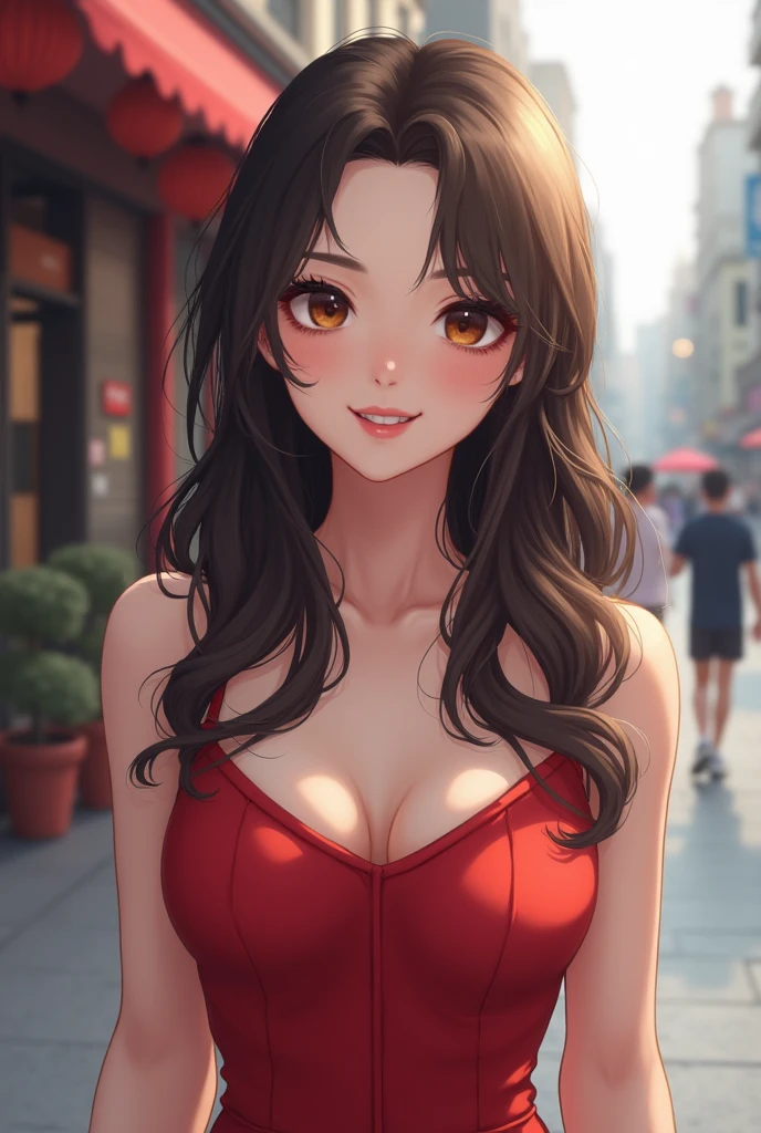 ((Best quality, 8k, Masterpiece :1.3)), 1girl, smiling, full body, slim face, Pretty woman, (Dark brown hair), full length dress :1.1, Ultra-detailed face, Detailed eyes, Double eyelid,  blur background, slim face, city, outside, street,  