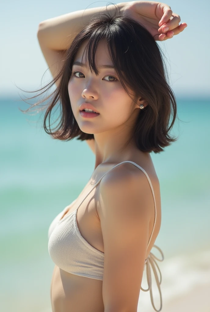 (8k、RAW Photos、highest quality、masterpiece:1.2)、(Realistic、Realistic)、1 girl、((Beach,Beautiful Skin、Spread your legs:1.5、Backlit sunlight、Naughty body))、smile、Lots of eyelashes、Add shine to your eyelids、skeletally correct