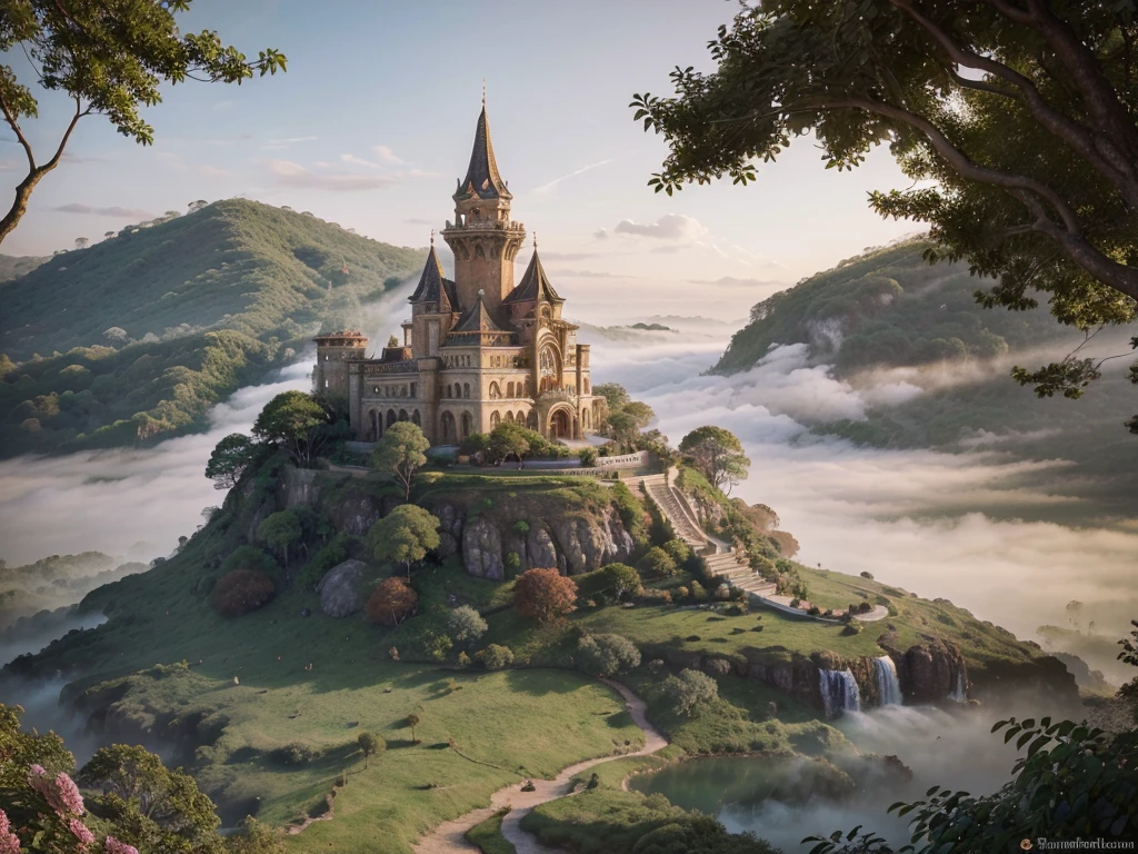 A sultry regal floating island, bathed in warm hues and delicate wisps of mist, exudes an air of mysterious elegance. The main subject is an ornate palace perched atop the shimmering island, surrounded by lush gardens and cascading waterfalls. This enchanting scene is depicted in a dreamy watercolor painting, emphasizing the ethereal beauty of the setting. The intricate details and vibrant colors make this image a stunning piece of art that captures the imagination of all who gaze upon it.