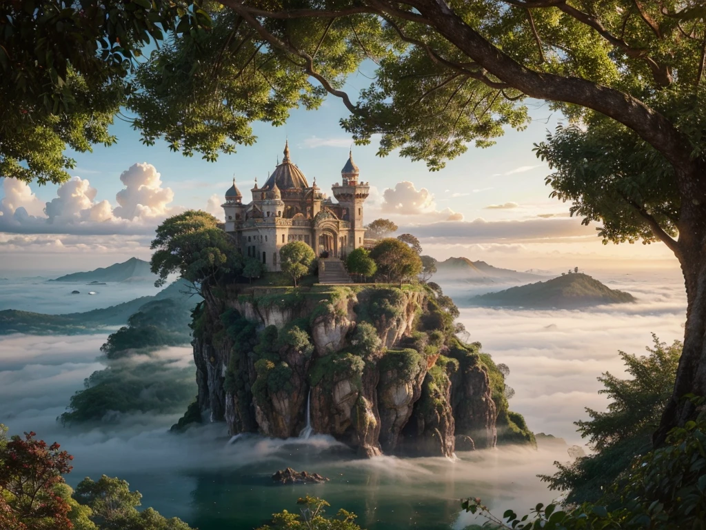 A sultry regal floating island, bathed in warm hues and delicate wisps of mist, exudes an air of mysterious elegance. The main subject is an ornate palace perched atop the shimmering island, surrounded by lush gardens and cascading waterfalls. This enchanting scene is depicted in a dreamy watercolor painting, emphasizing the ethereal beauty of the setting. The intricate details and vibrant colors make this image a stunning piece of art that captures the imagination of all who gaze upon it.