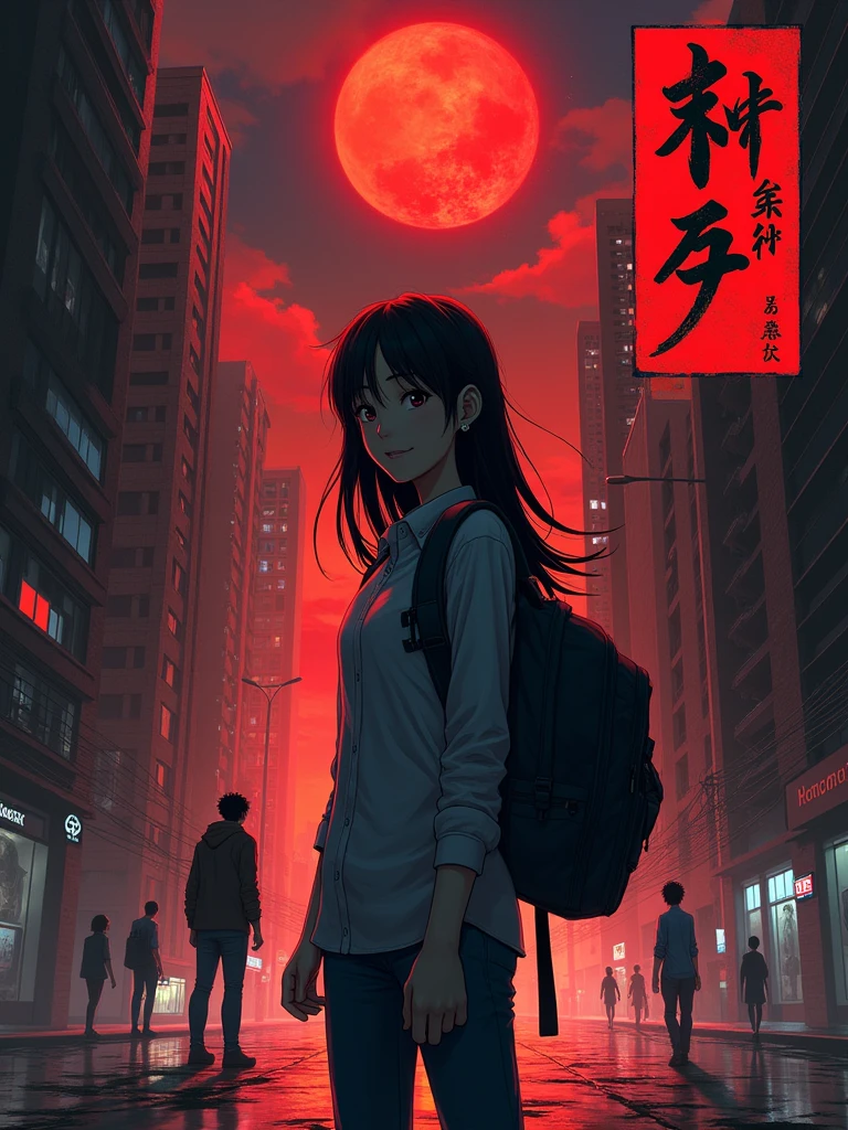 Design a cover for a dark fantasy psychological drama light novel set in Rio de Janeiro in 2050, with a style similar to "inuyasha" ou "Yuyu Hakusho", showing a smiling Japanese teenager holding a backpack with long black hair in the foreground, while in the background other characters fight; use a red and black palette, and put the title in a box in the upper right corner.