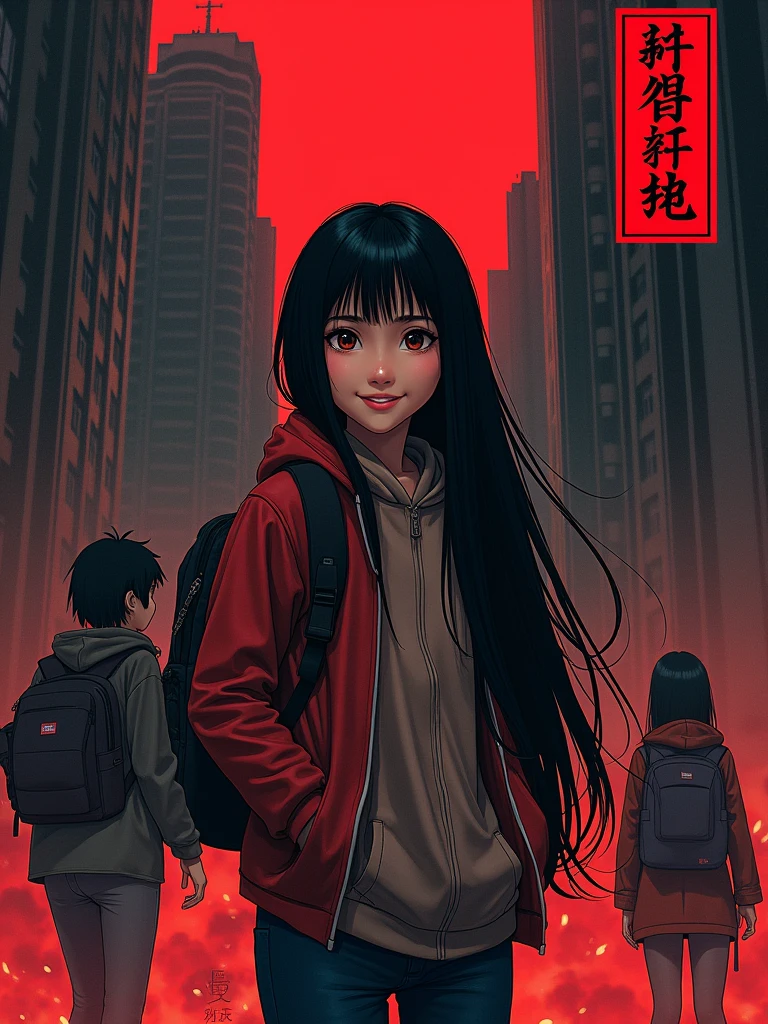Design a cover for a dark fantasy psychological drama light novel set in Rio de Janeiro in 2050, with a style similar to "inuyasha" ou "Yuyu Hakusho", showing a smiling Japanese teenager holding a backpack with long black hair in the foreground, while in the background other characters fight; use a red and black palette, and put the title in a box in the upper right corner.