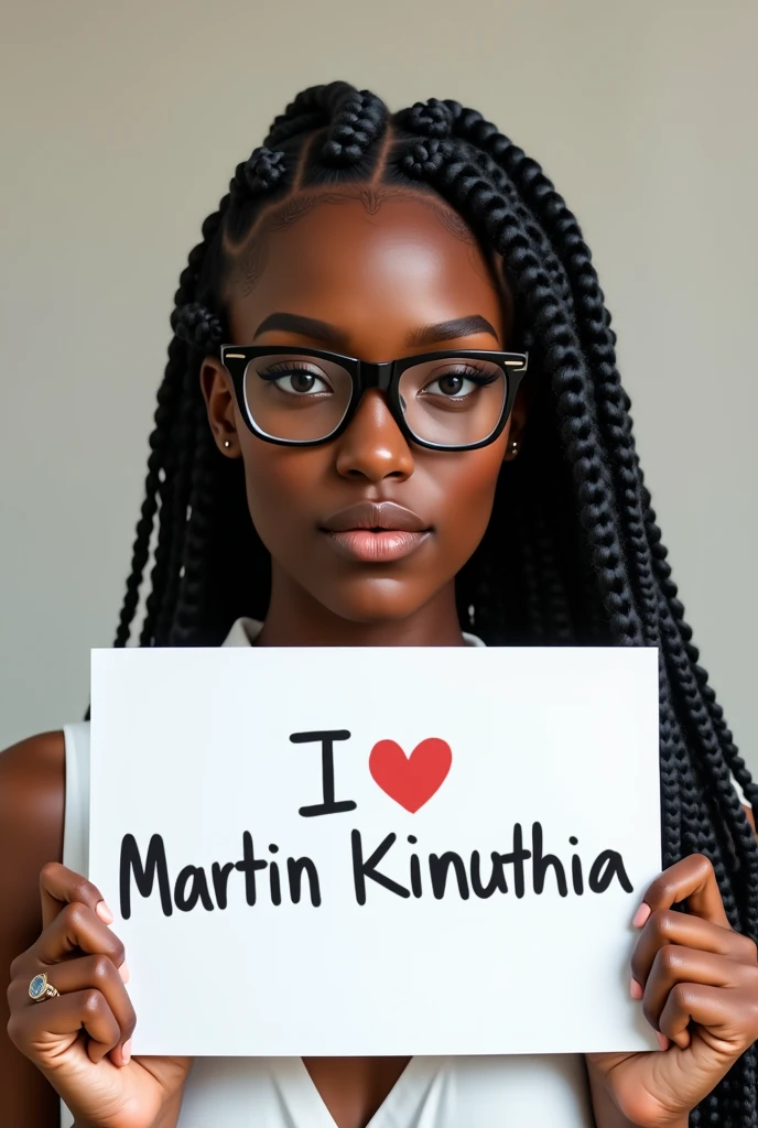 Black Beautiful girl with
Braids
hair, wearing thick black glasses holding a white board with text "I Love Martin Kinuthia" and showing it to the viewer
