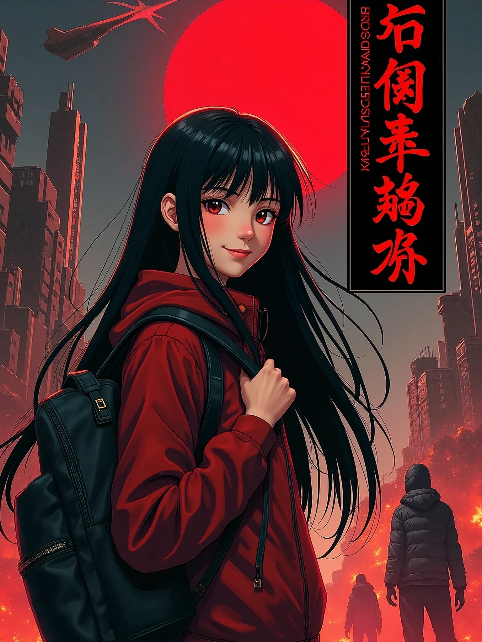 Design a cover for a dark fantasy psychological drama light novel set in Rio de Janeiro in 2050, with a style similar to "inuyasha" ou "Yuyu Hakusho", showing a smiling Japanese  holding a backpack with long black hair in the foreground, while in the background other characters fight; use a red and black palette, and put the title inbox in the upper right corner.