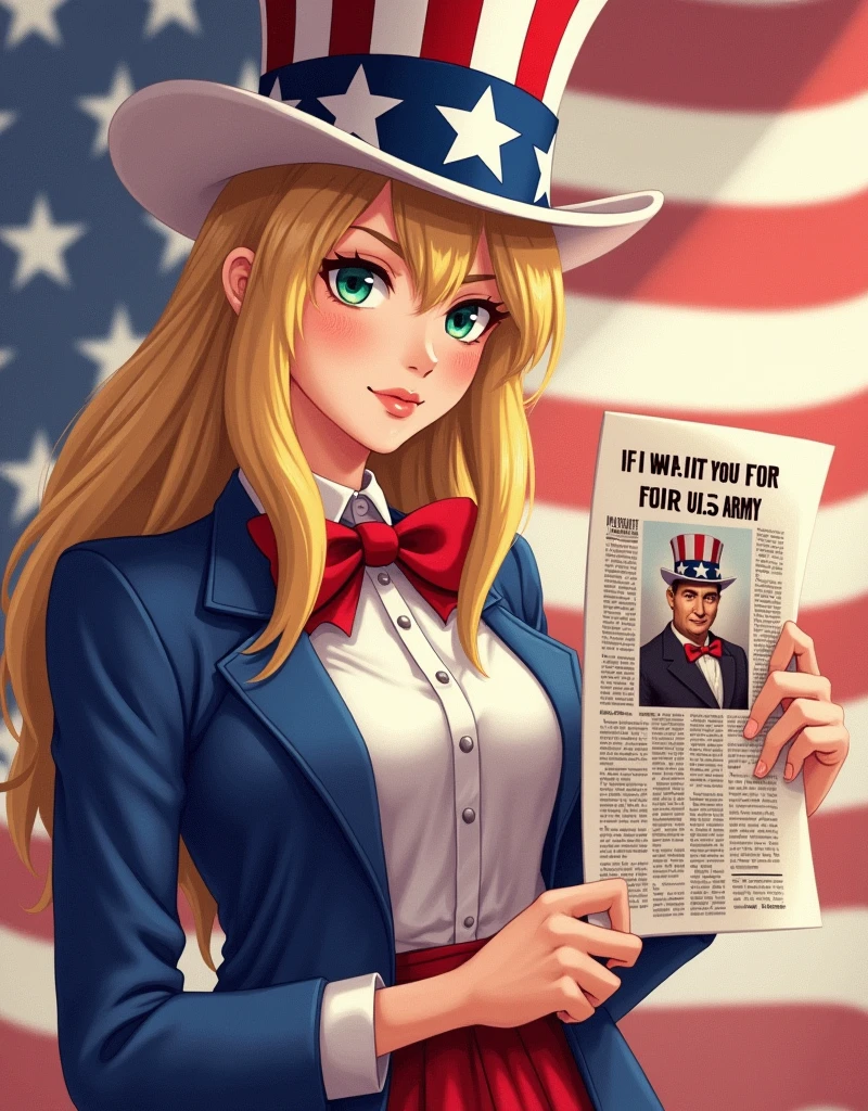Young beautiful woman,(Highest quality,Extremely detailed depiction,Incredibly absurd high resolution,Anatomically accurate depiction),Holding a poster of a woman dressed as Uncle Sam writing a document,article:I Want You for U.S. Army,Blonde,American Poster,anime,
