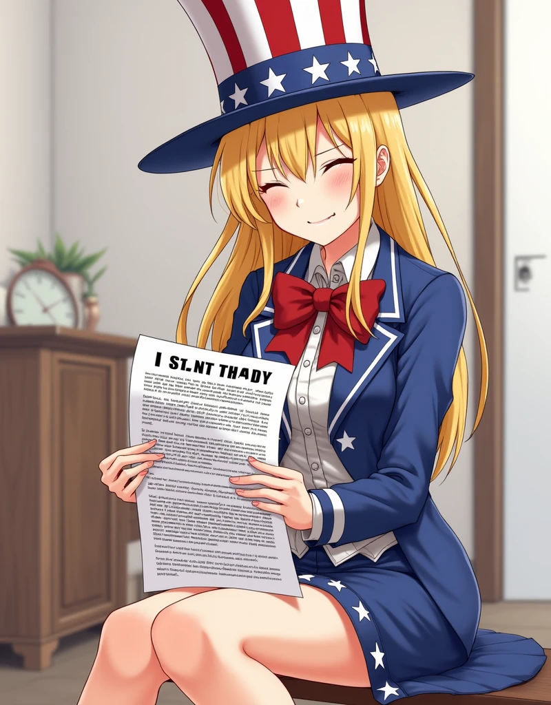 Young beautiful woman,(Highest quality,Extremely detailed depiction,Incredibly absurd high resolution,Anatomically accurate depiction),Holding a poster of a woman dressed as Uncle Sam writing a document,article:I Want You for U.S. Army,Blonde,American Poster,anime,