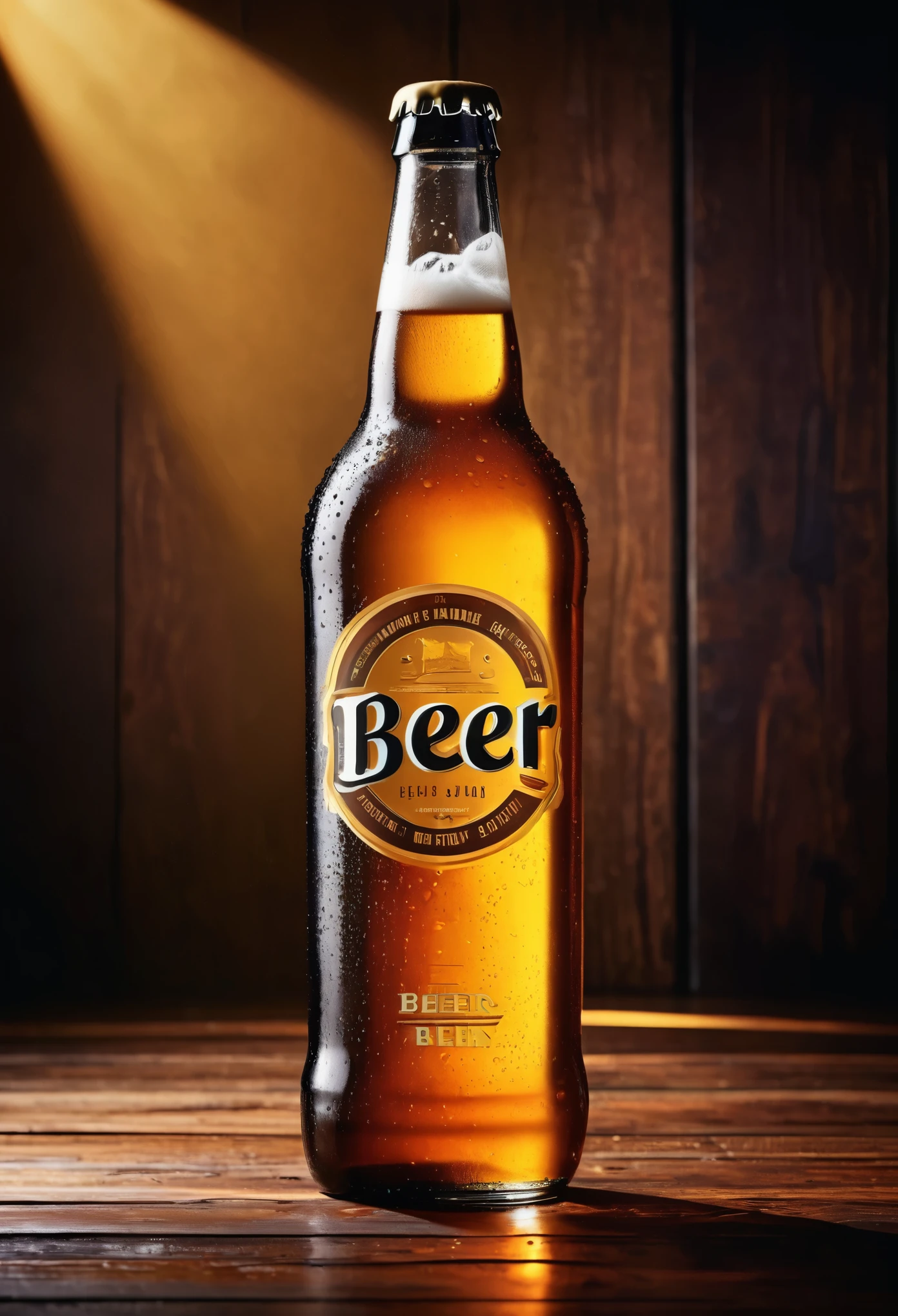 a detailed typography poster, beer, photorealistic, cinematic lighting, vibrant colors, high contrast, dramatic shadows, minimalist design, bold font, textured background, golden accents, glass bottles, frothy head, amber liquid, condensation, wooden surface, reflections, premium quality, professional studio