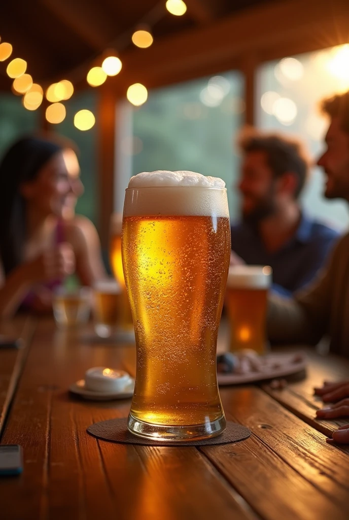 create an image with a family talking and drinking beer, where a tower of beer appears in a luxury format in a celebratory environment