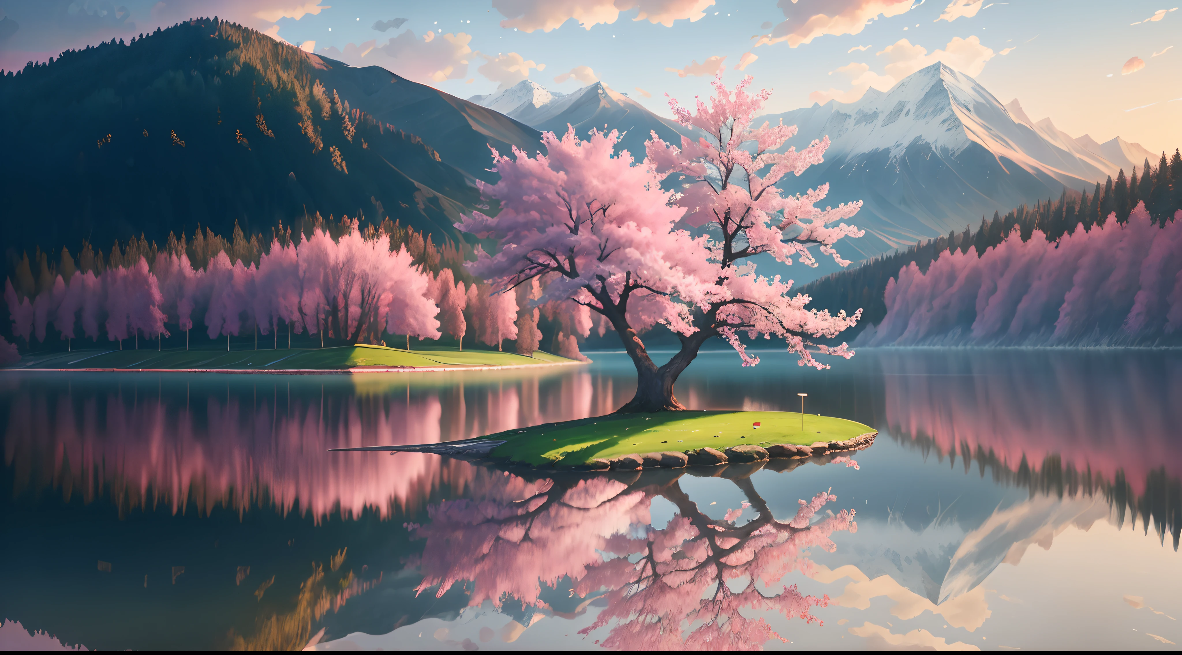 tmasterpiece，high detal，Draw a tree on the island in the middle of the lake, pink tree beside a large lake, the cherry trees, cherry blossoms falling, the cherry trees, Very Beautiful Digital Art, anime beautiful peace scene, Beautiful art UHD 4 K, beautiful digital art, beautiful digital painting, Nature wallpaper, Beautiful digital artwork，Hyper Real，Cinematic lighting effects