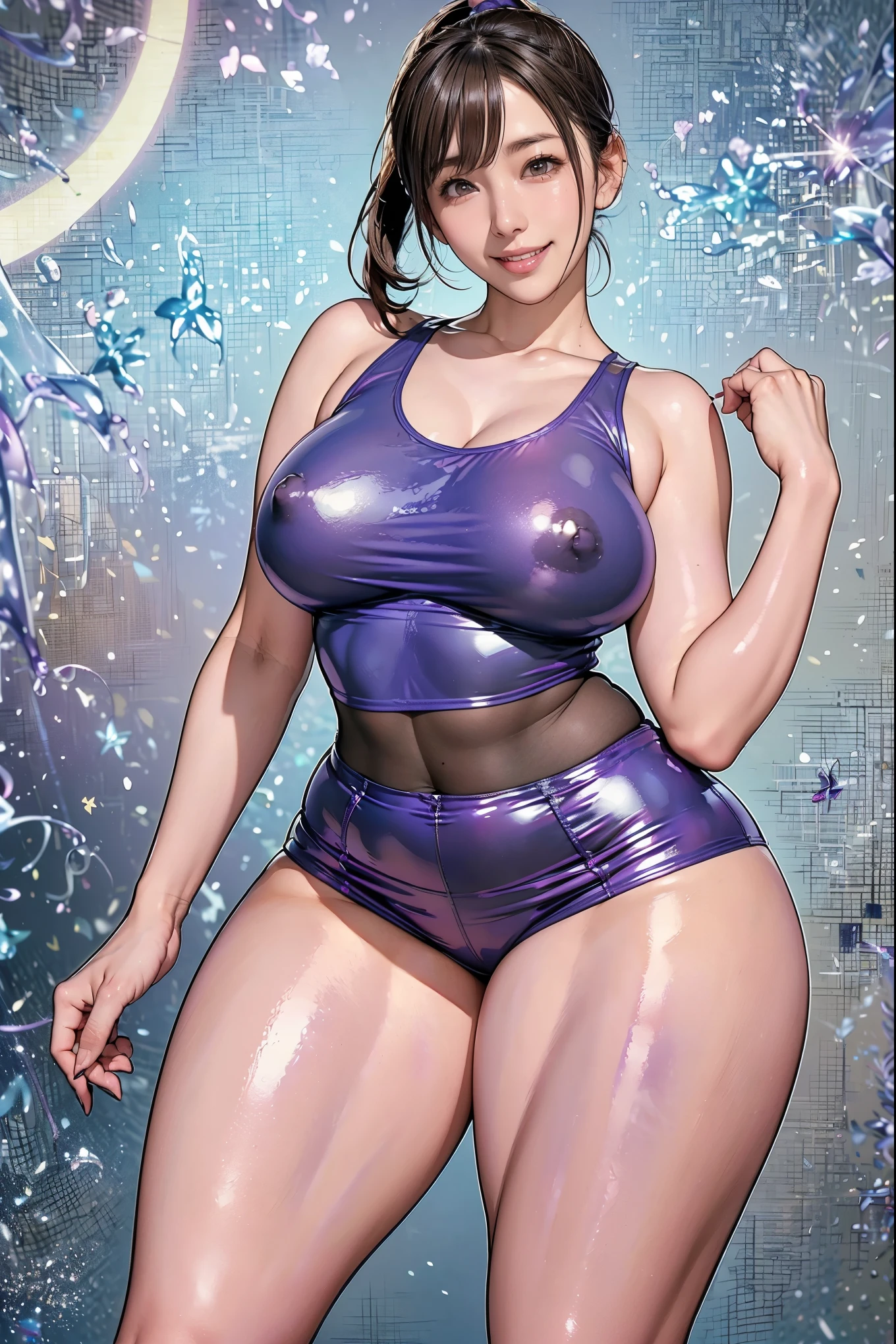 Blue blank background, (Violet latex tank top, Violet latex shorts:1.3), (big long perkier , Enhance the nipples(Thick thighs:1.3), A toned, athletic body, Photo from the waist up, Light brown hair in a ponytail, Smiling with some teeth showing