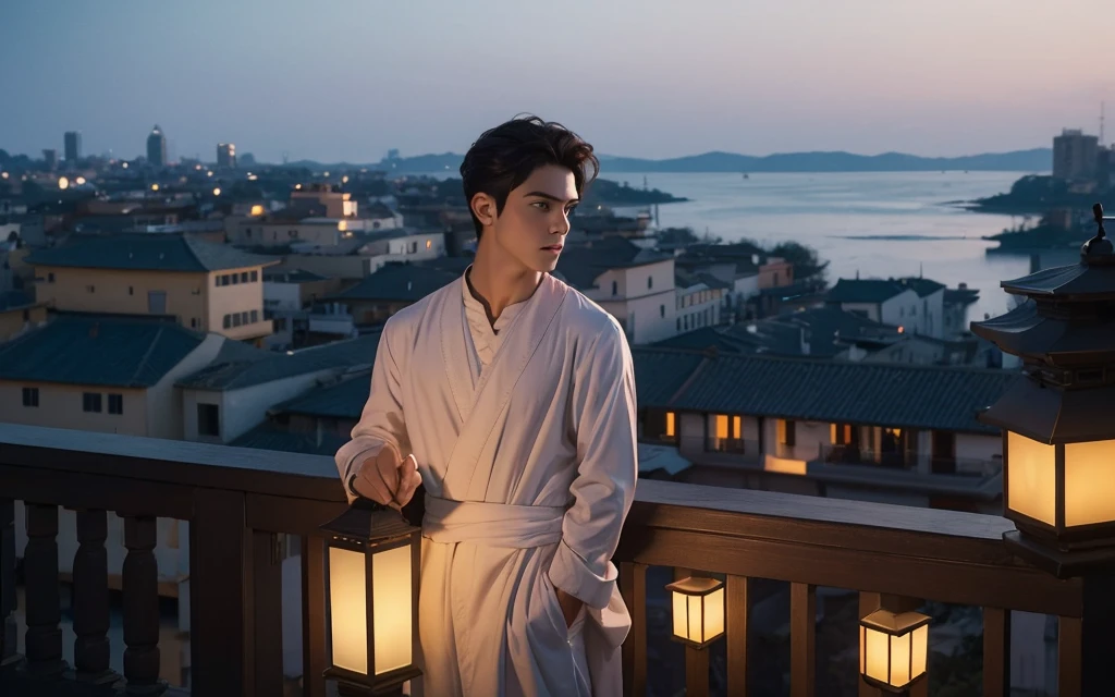 A handsome young man in white clothes with windblown hair standing thoughtfully on a balcony at dusk, gazing over a vast cityscape illuminated by floating lanterns in a twilight sky, creating a dreamlike and magical atmosphere. The primary light source is the twilight sky, casting soft shadows and delicate highlights on his hair and clothes. The color scheme features cool blues and purples, with contrasting warm orange and red lanterns. The scene conveys a sense of serenity, fantasy, and a touch of melancholy, with the young man's pose and expression suggesting contemplation or longing. The wind adds a dynamic element, bringing life to his hair and clothes, and the lanterns gently rise, enhancing the magical ambiance. The city lights twinkle like stars, adding depth and detail to the background.