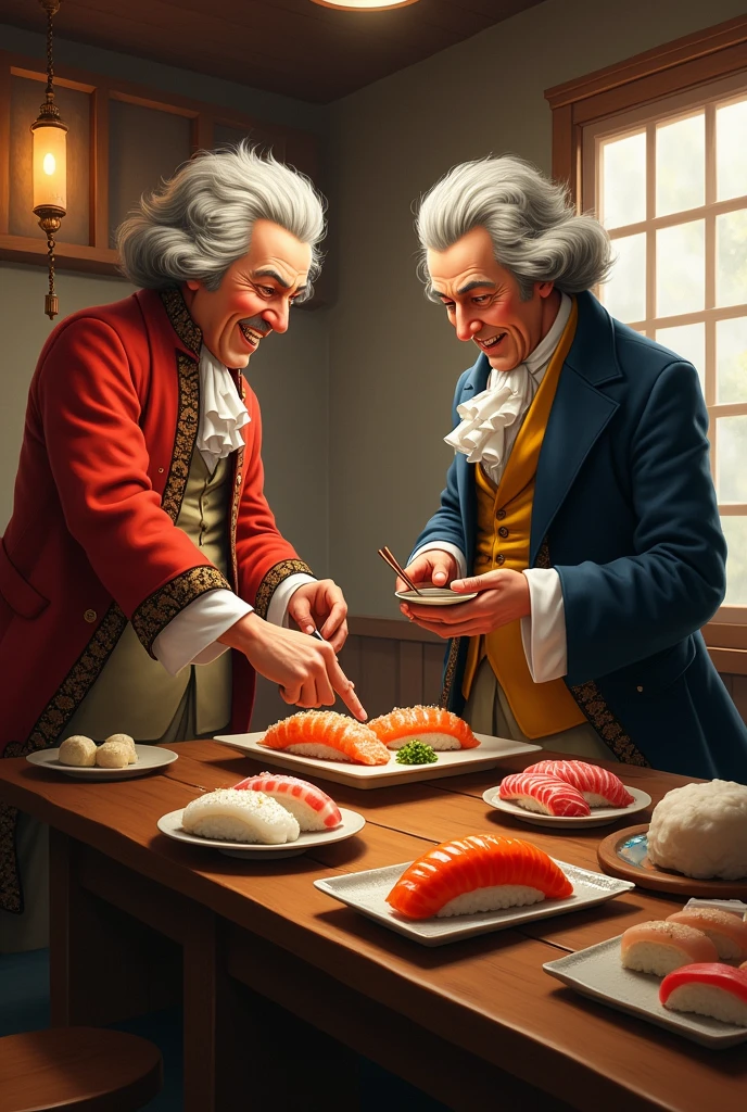 Bach is the owner of a sushi restaurant、Bach is making sushi、Beethoven is the guest