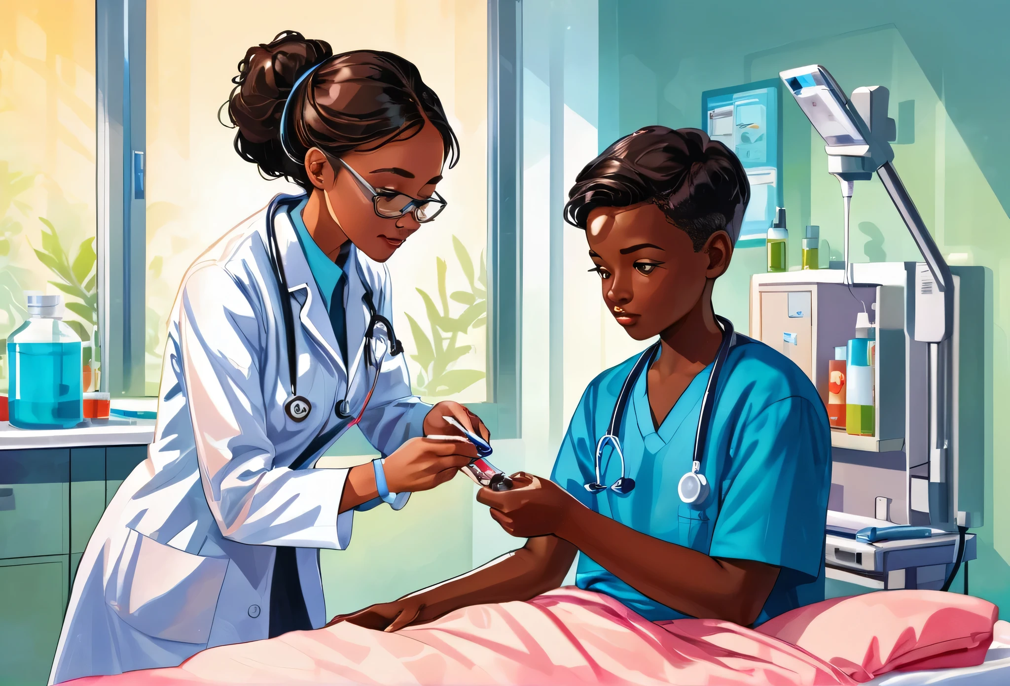 A female doctor taking blood sample from a boy of 13 years old, indoor, hospital, black skinned
(masterpiece best quality:1.2) delicate illustration ultra-detailed, illustrations, bright, colourful,