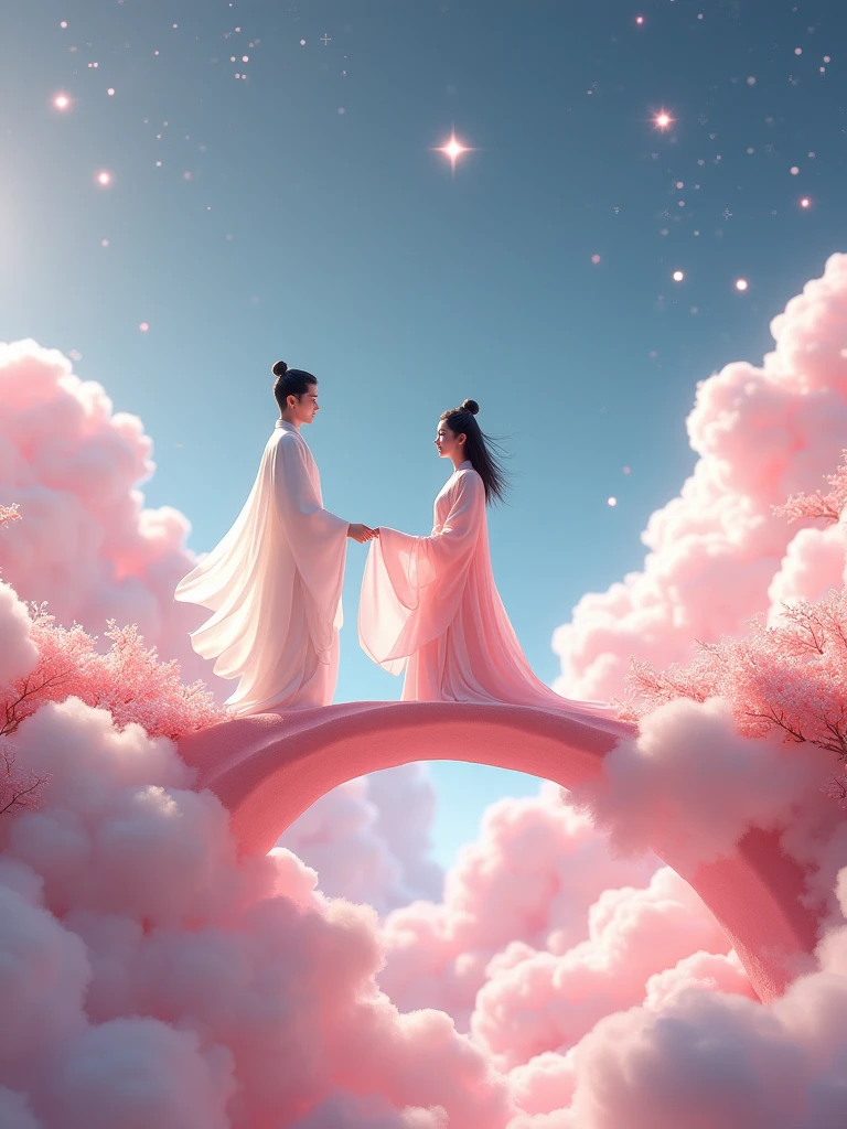 Miniature Landscape,Miniature Models，Fantasy Garden，Aesthetic healing，Rural scenery，Beautiful and poetic，In a vast 3D universe，A man and a woman in Hanfu stand on a magpie bridge made of soft pink clouds。These clouds are fluffy and soft，As if just plucked from the sky，Each flower has a delicate texture and slight elasticity.。The edge of the magpie bridge is still hung with strings of glittering pearl-like dewdrops.，About to drip。The starry sky around，Stars are not the usual sharp points of light，But each one is round and full、A ball of light woven from soft threads of light，Exudes a soft and warm glow，Like freshly baked marshmallows。The clothes worn by the Cowherd and the Weaver Girl are made of silk that is as light as mist.，When the wind blows，The folds of silk flow naturally like water ripples，The edges of the clothing are inlaid with fluffy white down.，Adds a bit of warmth and romance。Their hair is not a rigid line.，But a strand of silky soft、Slightly curly filaments，As if I could feel the gentle breeze，Studio Lighting，3D, Realistic lighting，Beautiful light，Edge Glow，Volumetric Light，Rim Light，Bioluminescence，Perfect composition，Masterpiece，8k