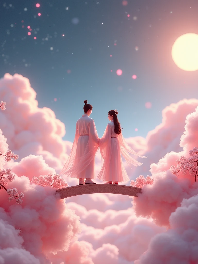 Miniature Landscape,Miniature Models，Fantasy Garden，Aesthetic healing，Rural scenery，Beautiful and poetic，In a vast 3D universe，A man and a woman in Hanfu stand on a magpie bridge made of soft pink clouds。These clouds are fluffy and soft，As if just plucked from the sky，Each flower has a delicate texture and slight elasticity.。The edge of the magpie bridge is still hung with strings of glittering pearl-like dewdrops.，About to drip。The starry sky around，Stars are not the usual sharp points of light，But each one is round and full、A ball of light woven from soft threads of light，Exudes a soft and warm glow，Like freshly baked marshmallows。The clothes worn by the Cowherd and the Weaver Girl are made of silk that is as light as mist.，When the wind blows，The folds of silk flow naturally like water ripples，The edges of the clothing are inlaid with fluffy white down.，Adds a bit of warmth and romance。Their hair is not a rigid line.，But a strand of silky soft、Slightly curly filaments，As if I could feel the gentle breeze，Studio Lighting，3D, Realistic lighting，Beautiful light，Edge Glow，Volumetric Light，Rim Light，Bioluminescence，Perfect composition，Masterpiece，8k