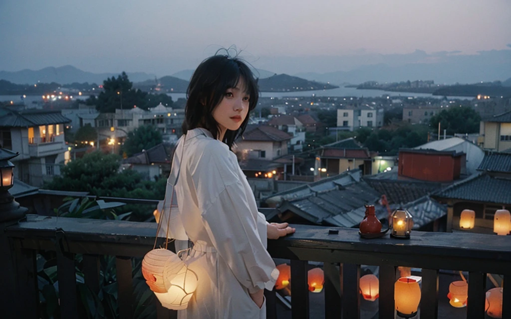 A handsome young man in white clothes with windblown hair standing thoughtfully on a balcony at dusk, gazing over a vast cityscape illuminated by floating lanterns in a twilight sky, creating a dreamlike and magical atmosphere. The primary light source is the twilight sky, casting soft shadows and delicate highlights on his hair and clothes. The color scheme features cool blues and purples, with contrasting warm orange and red lanterns. The scene conveys a sense of serenity, fantasy, and a touch of melancholy, with the young man's pose and expression suggesting contemplation or longing. The wind adds a dynamic element, bringing life to his hair and clothes, and the lanterns gently rise, enhancing the magical ambiance. The city lights twinkle like stars, adding depth and detail to the background.