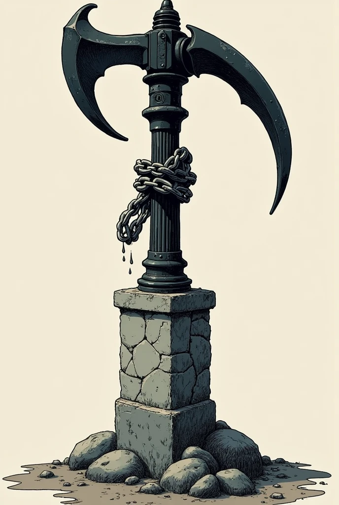 Manga image of a black sickle tied with a chain to a stone pillar.