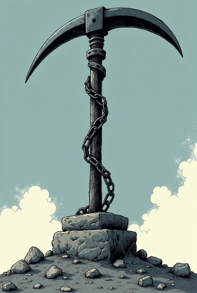 Manga image of a black sickle tied with a chain to a stone pillar.