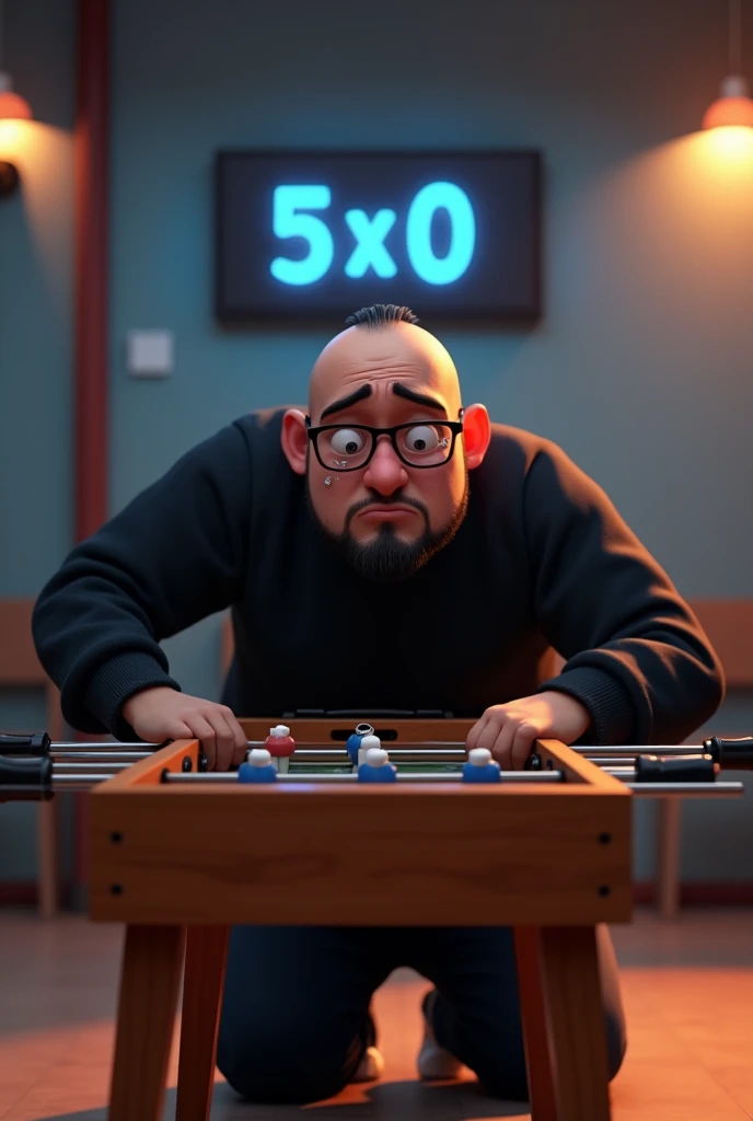 Create a Disney-Pixar style image of a 25 year old adult male, extremely sad and crying intensely, with tears falling from his eyes as if he were a . He is kneeling behind a foosball table, leaning on it, with a score of "5x0" displayed as if it were the title of a Disney movie. The man is a little overweight, wears a black sweatshirt, black pants and black sneakers. He wears glasses, has a medium black beard with some gaps on his cheeks and is bald in the front of his hair, having only 80% with hair on the head, with front entrances and straight black hair. The expression of his sadness is deep, highlighting his discouragement with the 5x0 result.