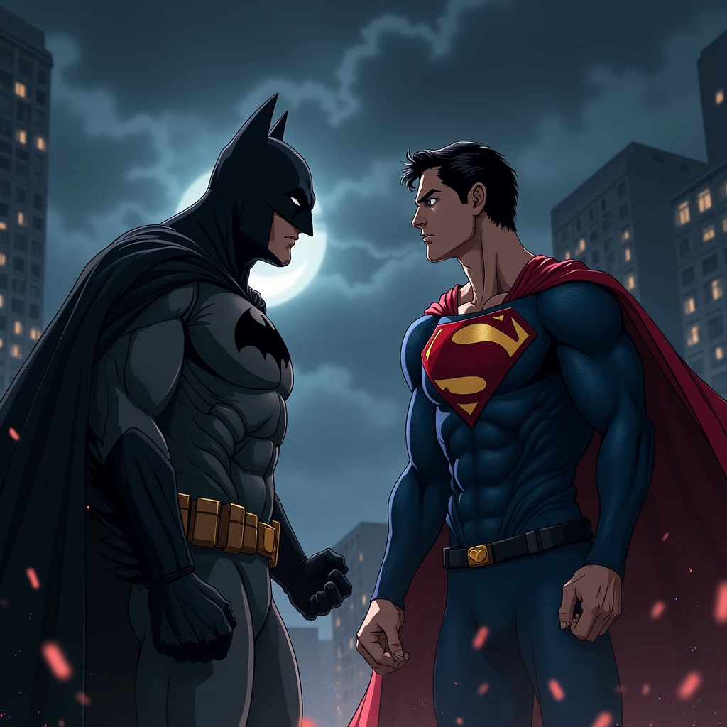 Anime hd quality Superman and batman in night in action closeup shot aesthetic