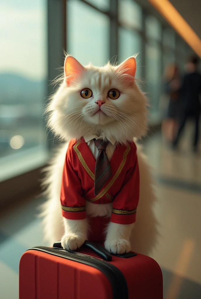 35mm lens，Multiple angles，漂亮的Cat，cute，Sexy，Personification，Back，side，silhouette，Overhead shot，Cat，Standing，doll，Airline stewardess，Trolley case，，AIRPORT，Airline stewardess， cloak,Ruan Jia,，Work clothes，tie, (Delicate face), (Fine fluffy fur)，（35mm Cinema Lens），（Multi-angle shooting），（many viewing angles）