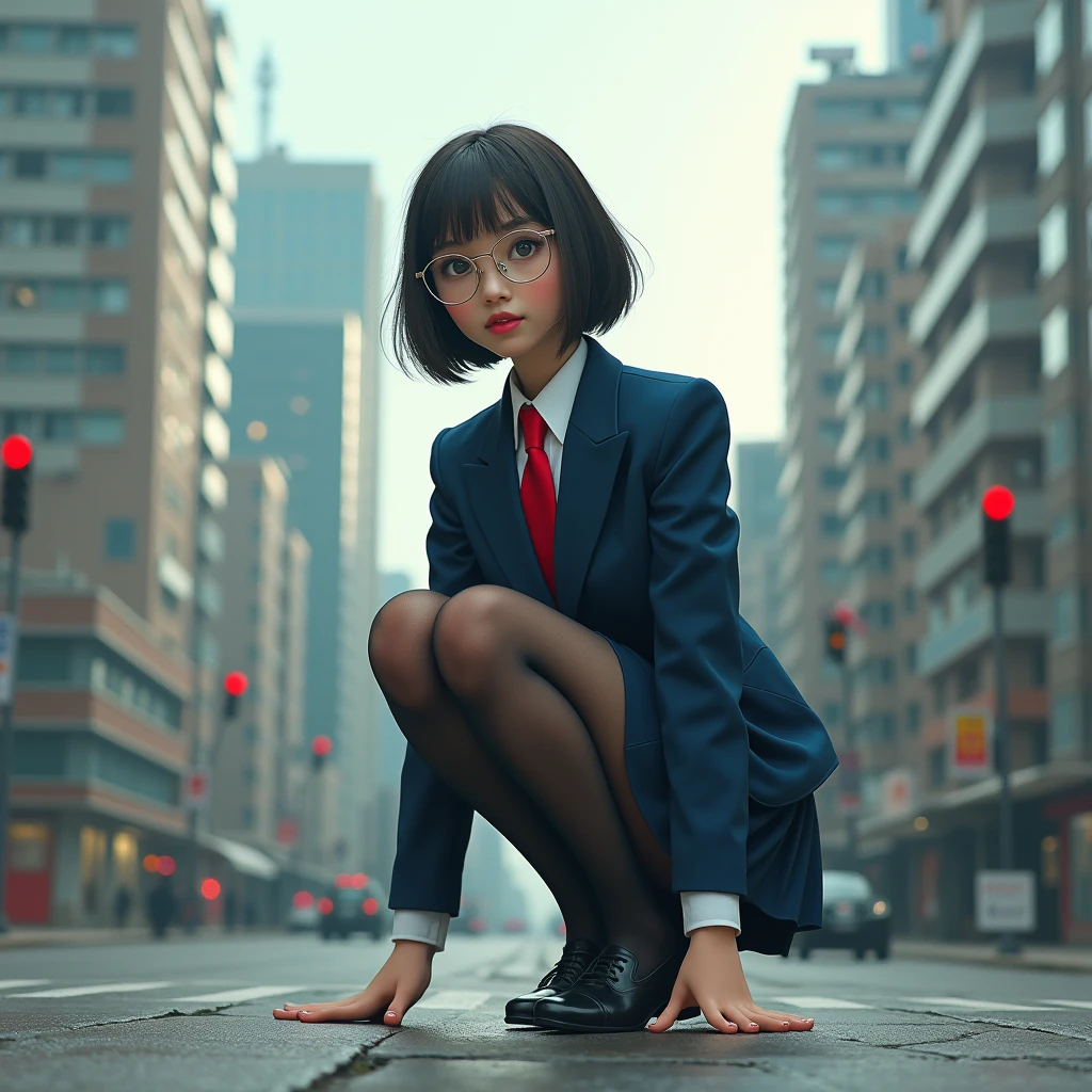 Giant art, Surreal school girl, , highly detailed Giant shot, Giant, short hair, Black Pantyhose, Giant high school girl much bigger than a skyscraper。Wear rimless glasses。Navy Blue Blazer、Red tie、Mini skirt、Black Pantyhose、(((very small metropolis:1.5)))。(((Miniature metropolis)))。In a Miniature metropolis that is only feet tall.、Crouching。Full body description。gigagts, Giant, Black Pantyhose, Pantyhose Legs, Pantyhose Legs, ,Crush City,Small Town,Micro City, ,