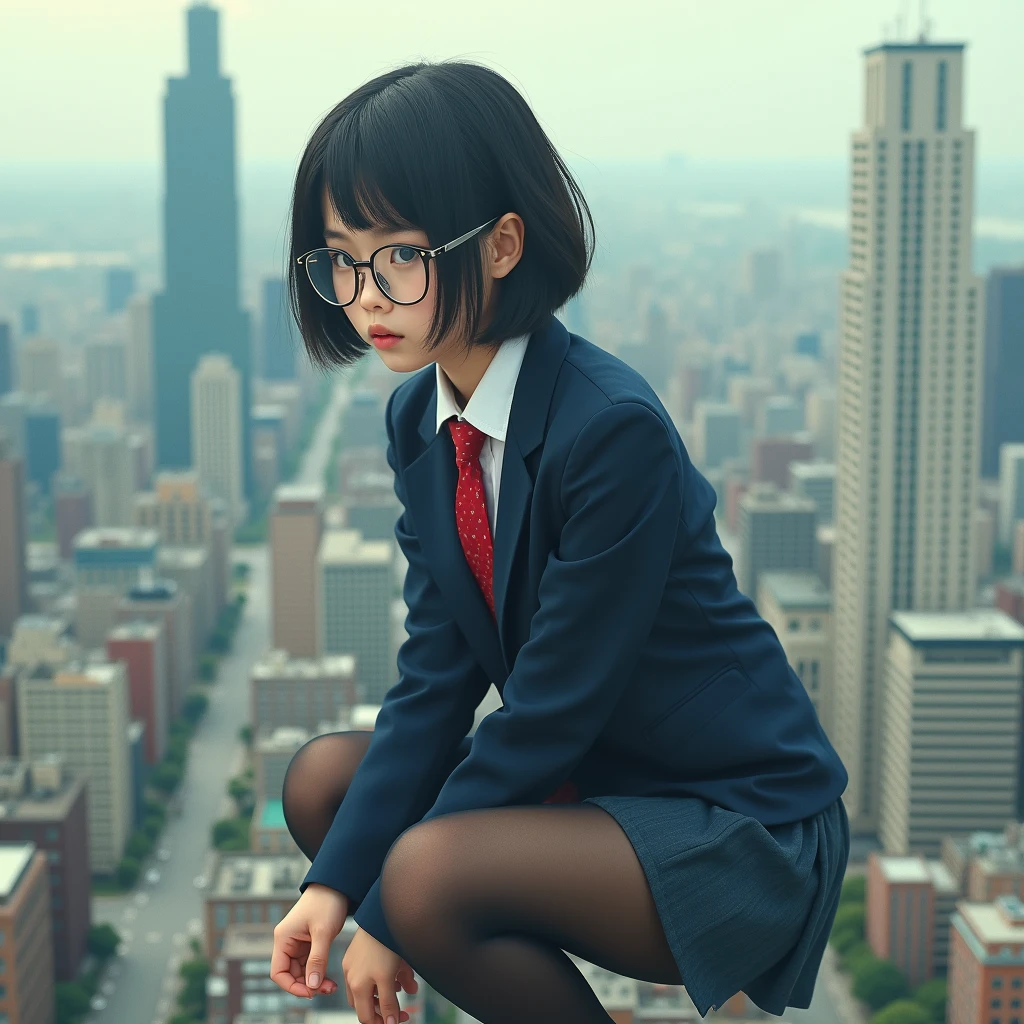 Giant art, Surreal school girl, , highly detailed Giant shot, Giant, short hair, Black Pantyhose, Giant high school girl much bigger than a skyscraper。Wear rimless glasses。Navy Blue Blazer、Red tie、Mini skirt、Black Pantyhose、(((very small metropolis:1.5)))。(((Miniature metropolis)))。In a Miniature metropolis that is only feet tall.、Crouching。Full body description。gigagts, Giant, Black Pantyhose, Pantyhose Legs, Pantyhose Legs, ,Crush City,Small Town,Micro City, ,