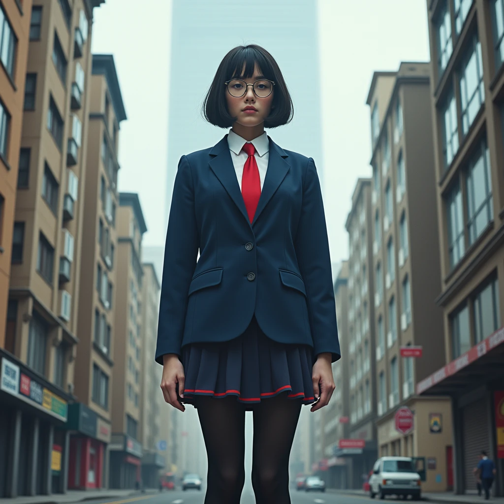 Giant art, Surreal school girl, , highly detailed Giant shot, Giant, short hair, Black Pantyhose, Giant high school girl much bigger than a skyscraper。Wear rimless glasses。Navy Blue Blazer、Red tie、Mini skirt、Black Pantyhose、(((very small metropolis:1.5)))。(((Miniature metropolis)))。In a Miniature metropolis that is only feet tall.、Crouching。Full body description。gigagts, Giant, Black Pantyhose, Pantyhose Legs, Pantyhose Legs, ,Crush City,Small Town,Micro City, ,