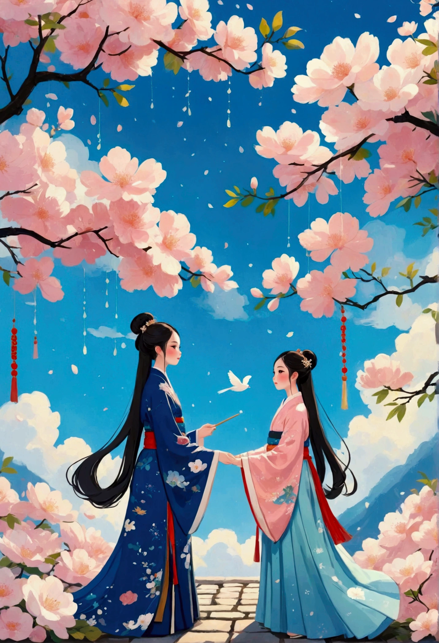 Color lead illustration,fairy tales,Hand-painted feel,exquisite,Blue sky and white clouds,warmth,Soft Light,exquisite,Healing style,HD,Surreal space,abstract,Qixi Festival,Ancient Chinese Mythology,by Amigurumi,New three-dimensional ancient style,A boy and a girl in Hanfu standing on a magpie bridge made of soft pink clouds。These clouds are fluffy and soft,As if just plucked from the sky,每一朵都有着exquisite的纹理和微微的弹性。The edge of the magpie bridge is still hung with strings of glittering pearl-like dewdrops.,About to drip。The starry sky around,Stars are not the usual sharp points of light,But each one is round and full、A ball of light woven from soft threads of light,散发着柔和而warmth的光芒,Like freshly baked marshmallows。The clothes worn by the Cowherd and the Weaver Girl are made of silk that is as light as mist.,When the wind blows,The folds of silk flow naturally like water ripples,The edges of the clothing are inlaid with fluffy white down.,Adds a bit of warmth and romance。Their hair is not a rigid line.,But a strand of silky soft、Slightly curly filaments,As if I could feel the gentle breeze。