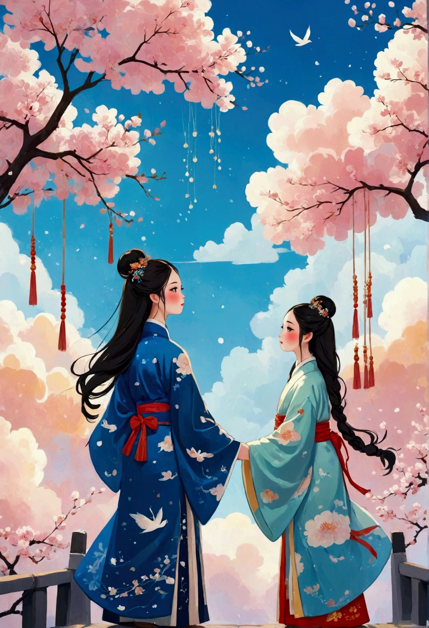 Color lead illustration,fairy tales,Hand-painted feel,exquisite,Blue sky and white clouds,warmth,Soft Light,exquisite,Healing style,HD,Surreal space,abstract,Qixi Festival,Ancient Chinese Mythology,by Amigurumi,New three-dimensional ancient style,A boy and a girl in Hanfu standing on a magpie bridge made of soft pink clouds。These clouds are fluffy and soft,As if just plucked from the sky,每一朵都有着exquisite的纹理和微微的弹性。The edge of the magpie bridge is still hung with strings of glittering pearl-like dewdrops.,About to drip。The starry sky around,Stars are not the usual sharp points of light,But each one is round and full、A ball of light woven from soft threads of light,散发着柔和而warmth的光芒,Like freshly baked marshmallows。The clothes worn by the Cowherd and the Weaver Girl are made of silk that is as light as mist.,When the wind blows,The folds of silk flow naturally like water ripples,The edges of the clothing are inlaid with fluffy white down.,Adds a bit of warmth and romance。Their hair is not a rigid line.,But a strand of silky soft、Slightly curly filaments,As if I could feel the gentle breeze。