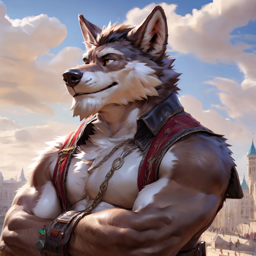 digital painting/artwork,by Pino Daeni,by chunie,by chicobo,by taran fiddler,by nullghost,by rossciaco,by takemoto arashi,by nviek5,maximun quality generation+++,OverallDetail hyper composition+++,natural lighting+++,8k+++,ambient occlusion+++,male body enhance+++,correct male face+++,male body,raytracing+++,one individuals,straight lineart,Refine Art+++,Enhance Composition+++,Improve Framing+++,Optimize Lighting+++,Enhance Resolution+++,Elevate Visual Quality+++,Perfect Details+++,Polish Aesthetics+++,Enhance Clarity+++,Enrich Colors+++,bloom+++,enhance male face details+++,sunlight contrast, wolf male face, intense expressive eyes, thick arched eyebrows, well-defined lips, prominent straight nose, slightly flared nostrils, great-sized ears, styled hair, well-groomed beard, smooth skin fur texture, strong jawline, subtle smile, cute expression, detailed facial features, slightly wrinkled forehead, balanced proportions, natural shading,fluffy neck