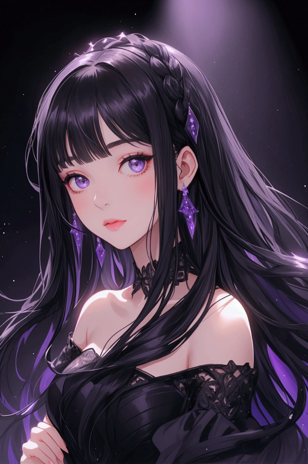 Beautiful young woman with long black hair wearing a night dress. The background is a stage with violet and black tones. There is a spotlight shining on her face. Close-up.