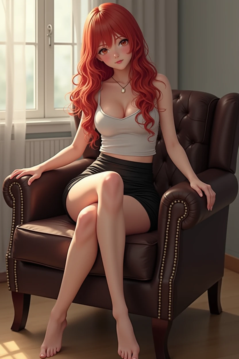ultra realistic, photography, long red hair, girl, 32 years old, hourglass figure, perfect body, Flirty look, extremely detailed artgerm, in the style artgerm, lens 35 mm, blur background, sitting in a chair in the living room, wearing a tight cotton top and a short latex skirt, putting on opaque thigh socks, showing off legs, long legs, touching her legs, sexy legs, attractive legs, full body picture, full body portrait, full body, wide shot, wide angle, full anime character