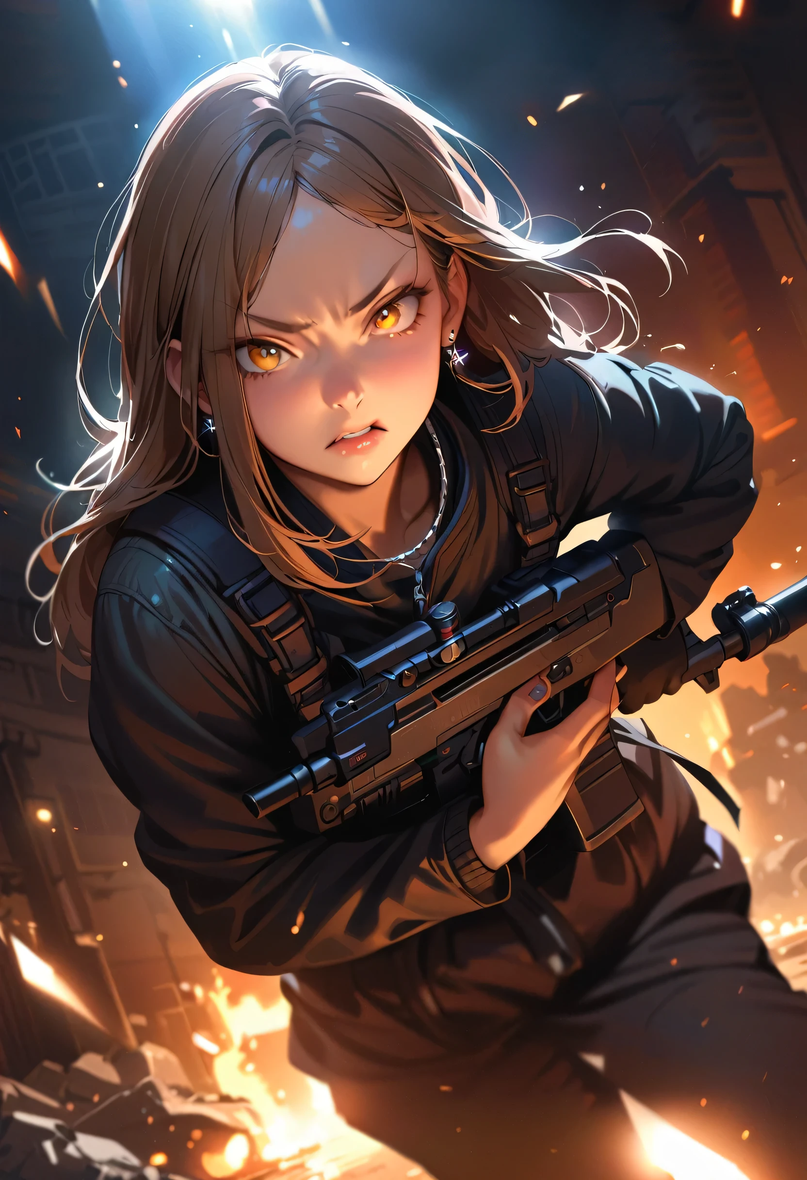 masterpiece, Highest quality, (((Ruined battlefield)))、(((Angry Face)))、Raising awareness, Large firearms, プラチナEarrings, Platinum Necklace, Black combat suit,Carrying a weapon, One Girl, cute, (Dynamic Lighting:1.2), Cinema Lighting, Delicate facial features, Detailed eyes, Sharp pupils, Realistic student, Written boundary depth, ボケ Written boundary depth, Sharp focus, (Very detailed, bloom, Shine:1.4), Lots of little gems, (((long_hair))), Twin tails、Earrings、分けた前hair、銀hair、whole body、Ultra close-up footage、The top is transparent up to the chest.、See-through design。The bottoms are a very short navy blue pleated skirt.、Fits snugly around the waist。The background is simple white.、this、The text is easier to see.。The light source is a soft light from the front....、The overall atmosphere is bright and clean....。