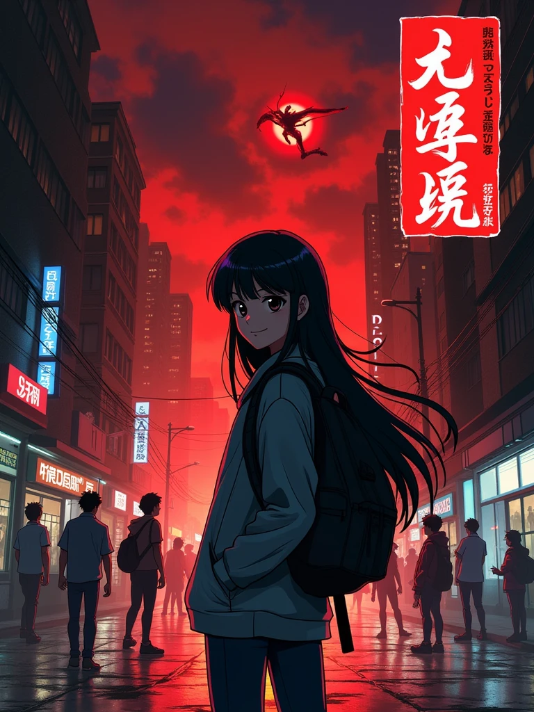 Design a cover for a dark fantasy psychological drama light novel set in Rio de Janeiro in 2050, with a style similar to "inuyasha" ou "Yuyu Hakusho", showing a smiling Japanese ager holding a backpack with long black hair in the foreground, while in the background other characters fight; use a red and black palette, and put the title in a box in the upper right corner.