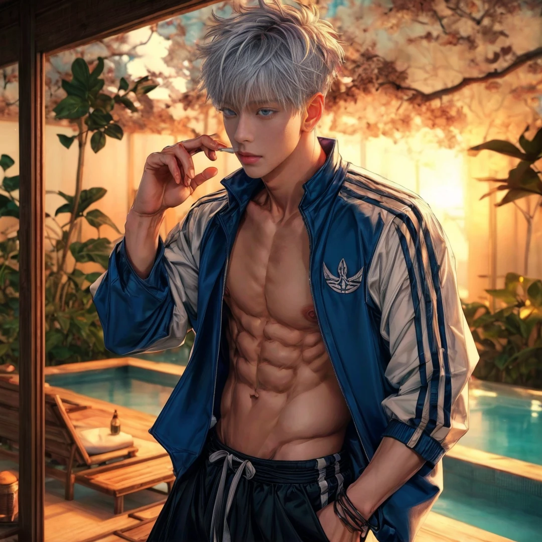 1 male, Japanese male model, high resolution 4k, adult, handsome, perfect face detail, detailed eyes and face, muscular, white eyebrow hair, white eyelashes, Naked torso, Detailed face, perfect face, real skin texture, detail Perfect hand, details, Real and complete hand details, unreal engine, hd picture, satoru gojo, Jujutsu kaisen, white hair, short hair ,hair between eyes ,blue eyes, white skin, hold a cigarette, Open jacket