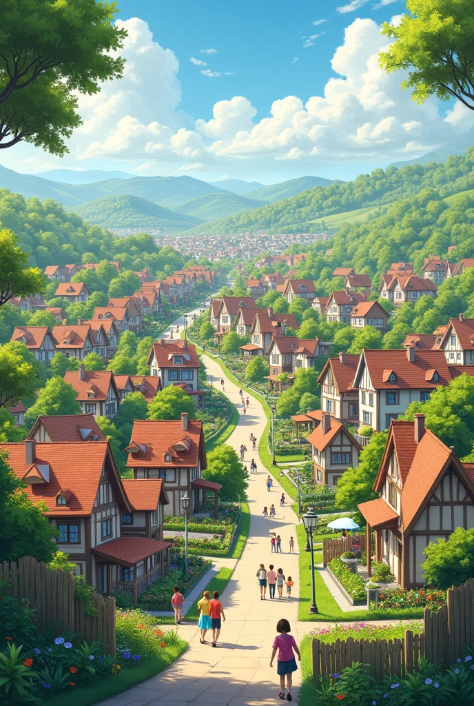 create a landscape of good and clean community, has peoples, houses, and a good city.