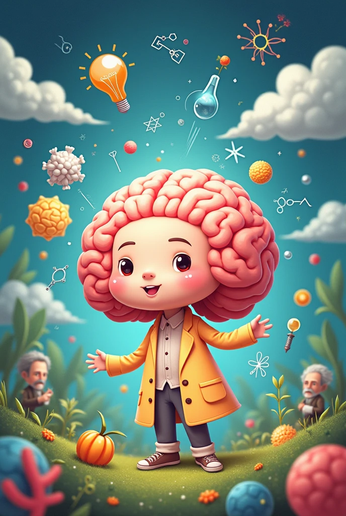 Make a cute brain that in the background has several ideas about scientists like Albert Einstein Nicolas Tesla and many others.