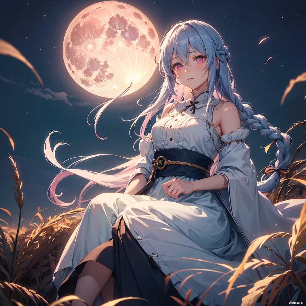 (Sky blue braided medium length hair), (Pink eyes),(Fair skin) ,(whole body),(One Girl),(harvest moon),(Miscanthus sinensis in the background),autumn,(full moon),(masterpiece, Highest quality, Very detailed, Best Shadow), (Detailed Background), (Beautifully detailed face), High Contrast, (Best lighting, Very delicate and beautiful), ((Cinematic Light)), Hyper Detail,8k, Dramatic Light,